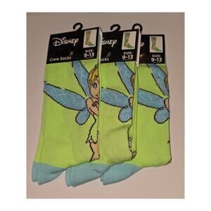 Three Pairs Tinkerbell Crew Socks Adult Size 9-13